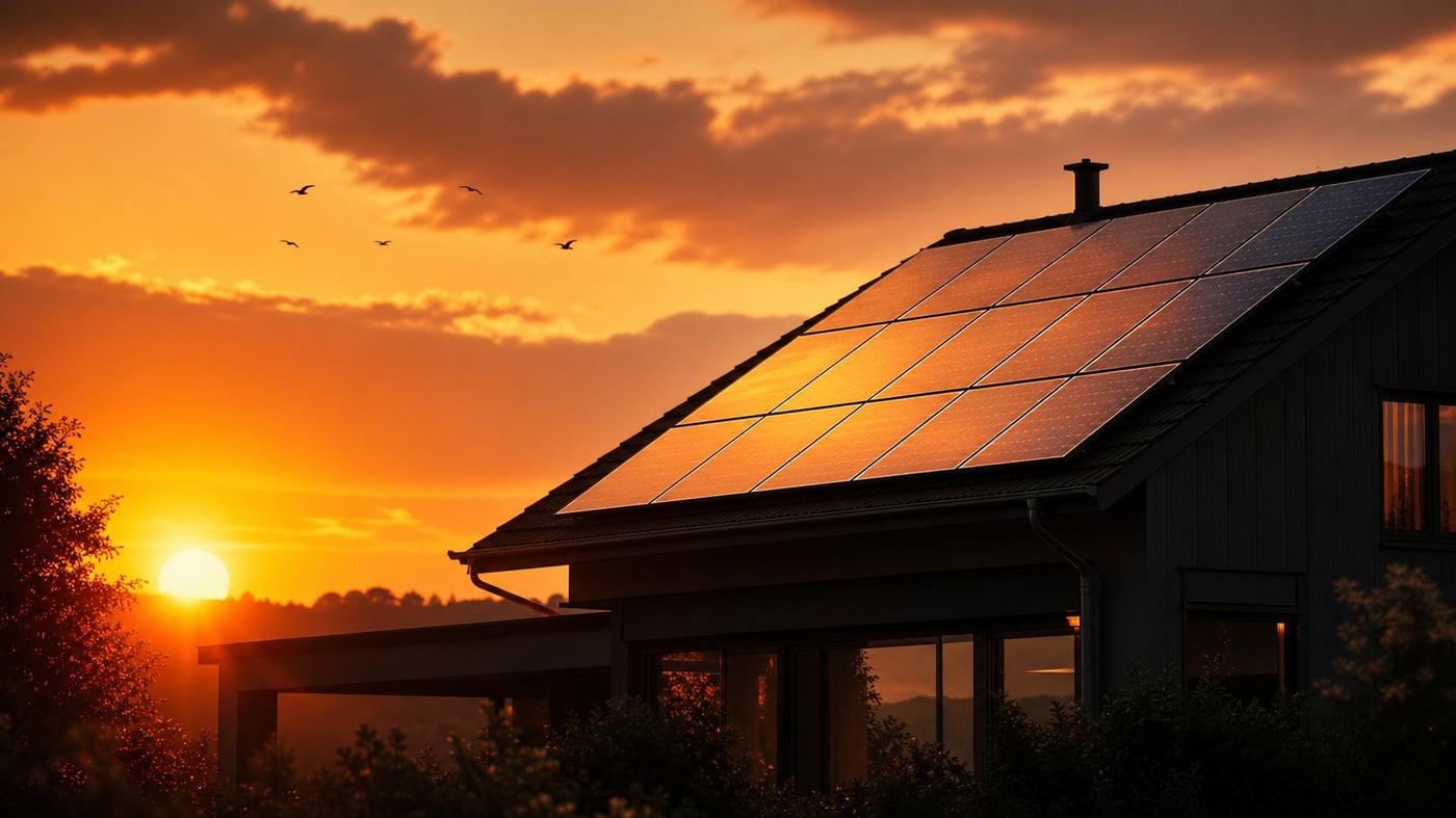 Home with solar panels at sunset